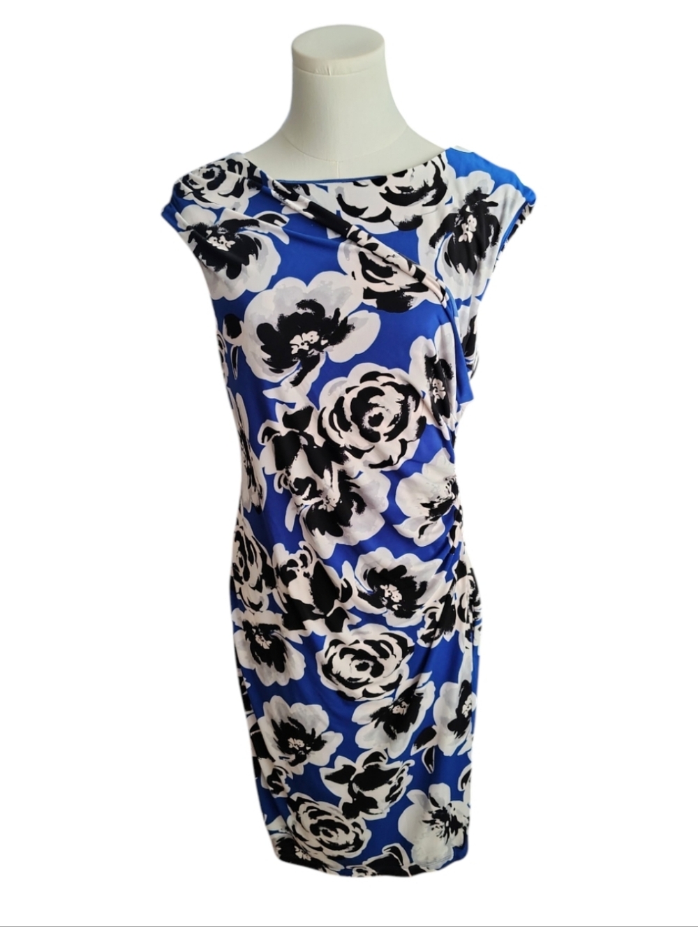 Black Label By Evan Picone Blue Black Rose Floral Slimming Dress Size 8